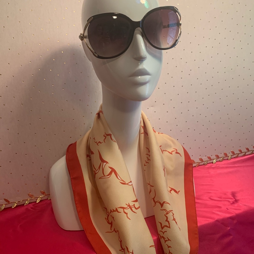 Vintage Italian scarf seagulls orange beige 21x21